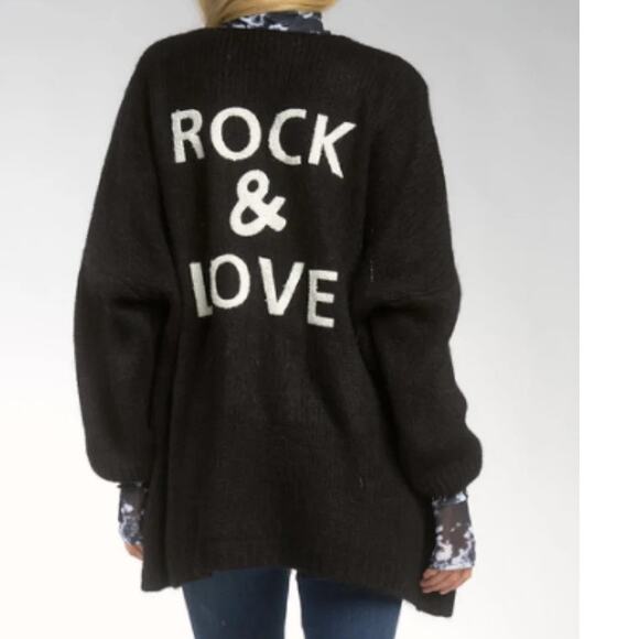 Women's Black "Rock & Love" Chunky Knit Cardigan Sweater Size M - Picture 1 of 8